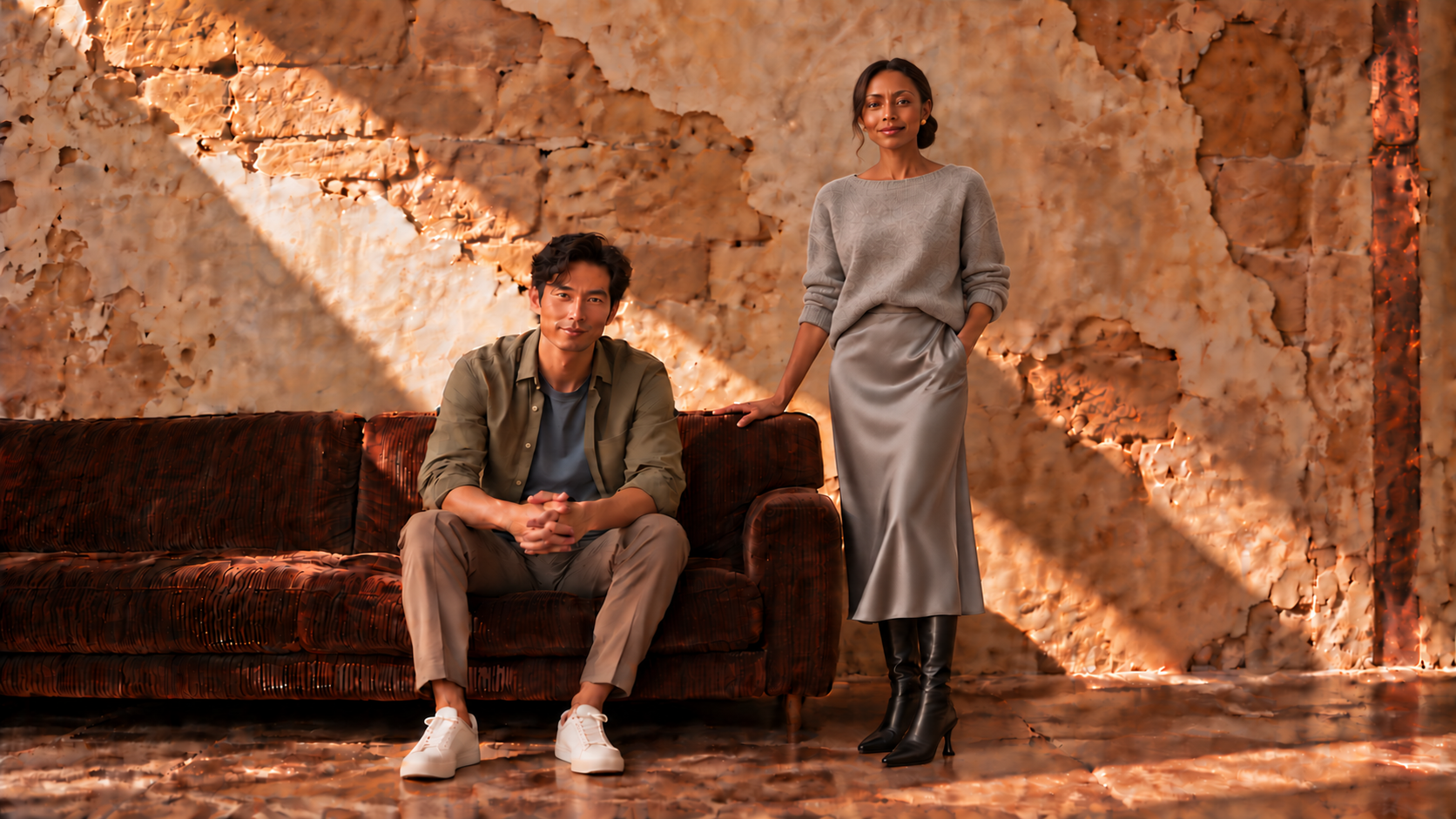 A warmly smiling Black woman consultant with a low chignon, grey sweater, grey midi skirt and black boots stands beside an Asian startup founder seated on a dark sofa, both looking toward the viewer against a textured limestone wall